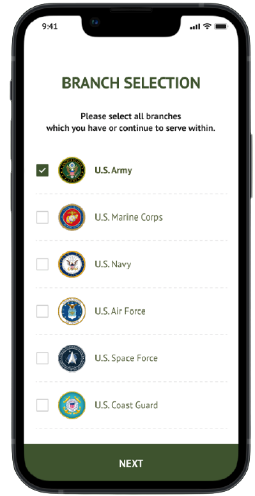 Screenshot showing the branch selection screen at Sound Off app