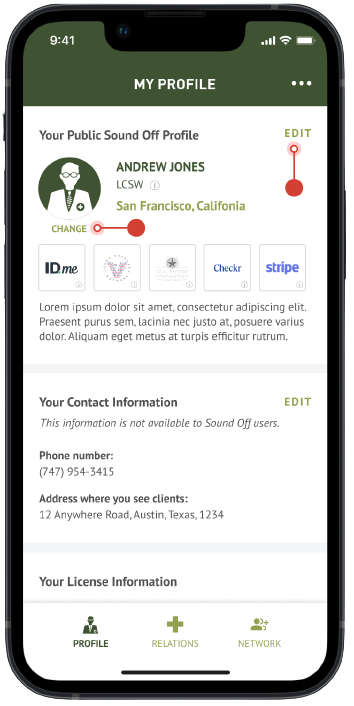 Mobile screenshot showing your Sound Off compensated clinician profile dashboard