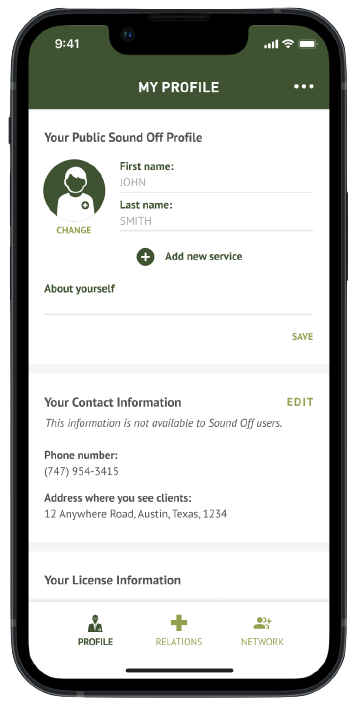 Mobile screenshot showing your Sound Off compensated clinician profile dashboard