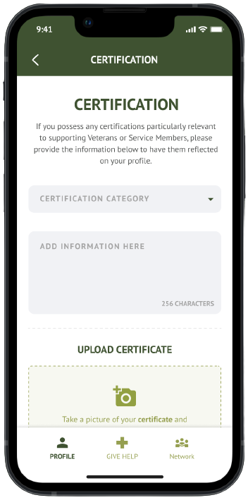 Mobile screenshot showing how upload evidence of completion to the “Certifications” on your Sound Off compensated clinician profile