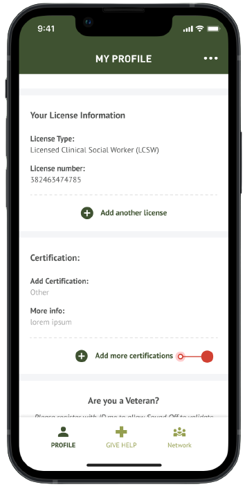 Mobile screenshot showing how upload evidence of completion to the “Certifications” on your Sound Off compensated clinician profile