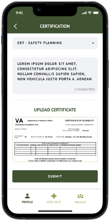 Mobile screenshot showing how upload evidence of completion to the “Certifications” on your Sound Off compensated clinician profile