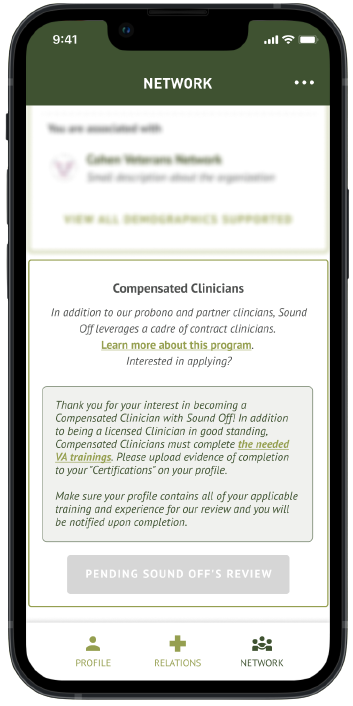 Mobile screenshot showing Sound Off compensated clinician application