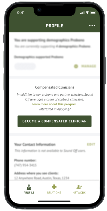 Mobile screenshot to become a compensated clinician at Sound Off organization