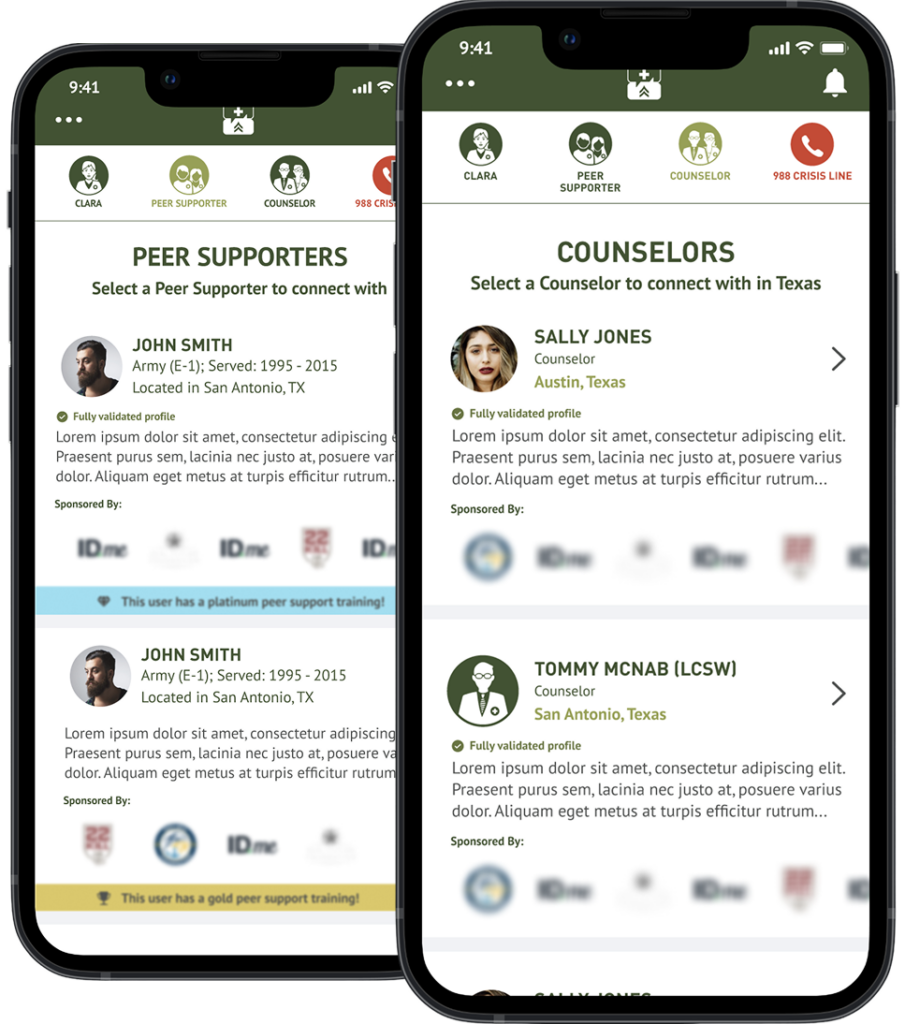 List of Peer Supporters screen and list of Counselors screen